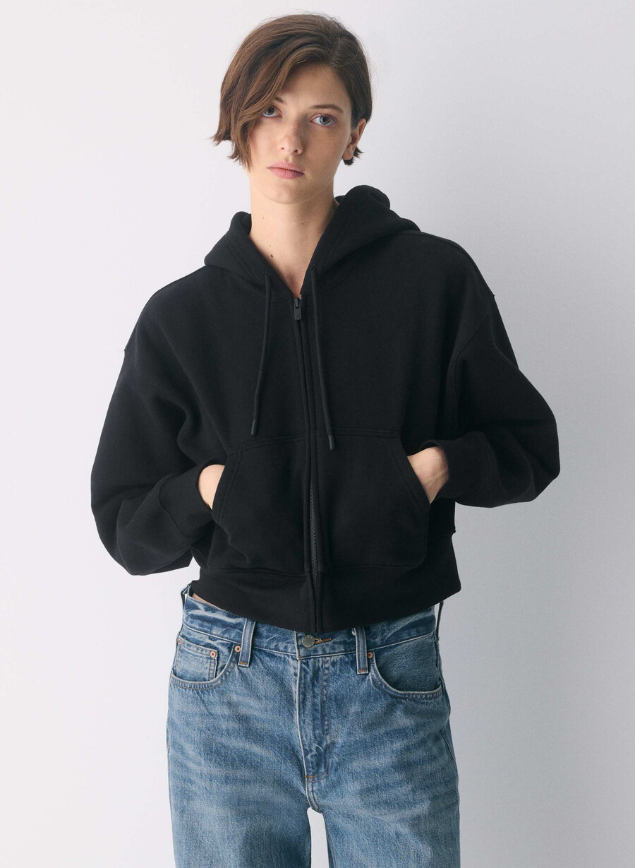 gemütlicher boyfriend-hoodie aus sweatfleece mit kastenförmigem schnitt und reißverschluss schwarz