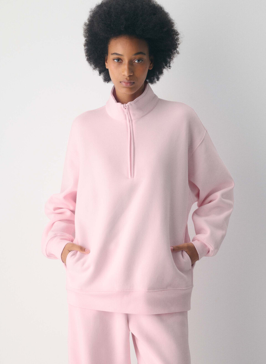 kuscheliger boyfriend-pullover aus sweatfleece mit halbem reißverschluss farbe villa pink