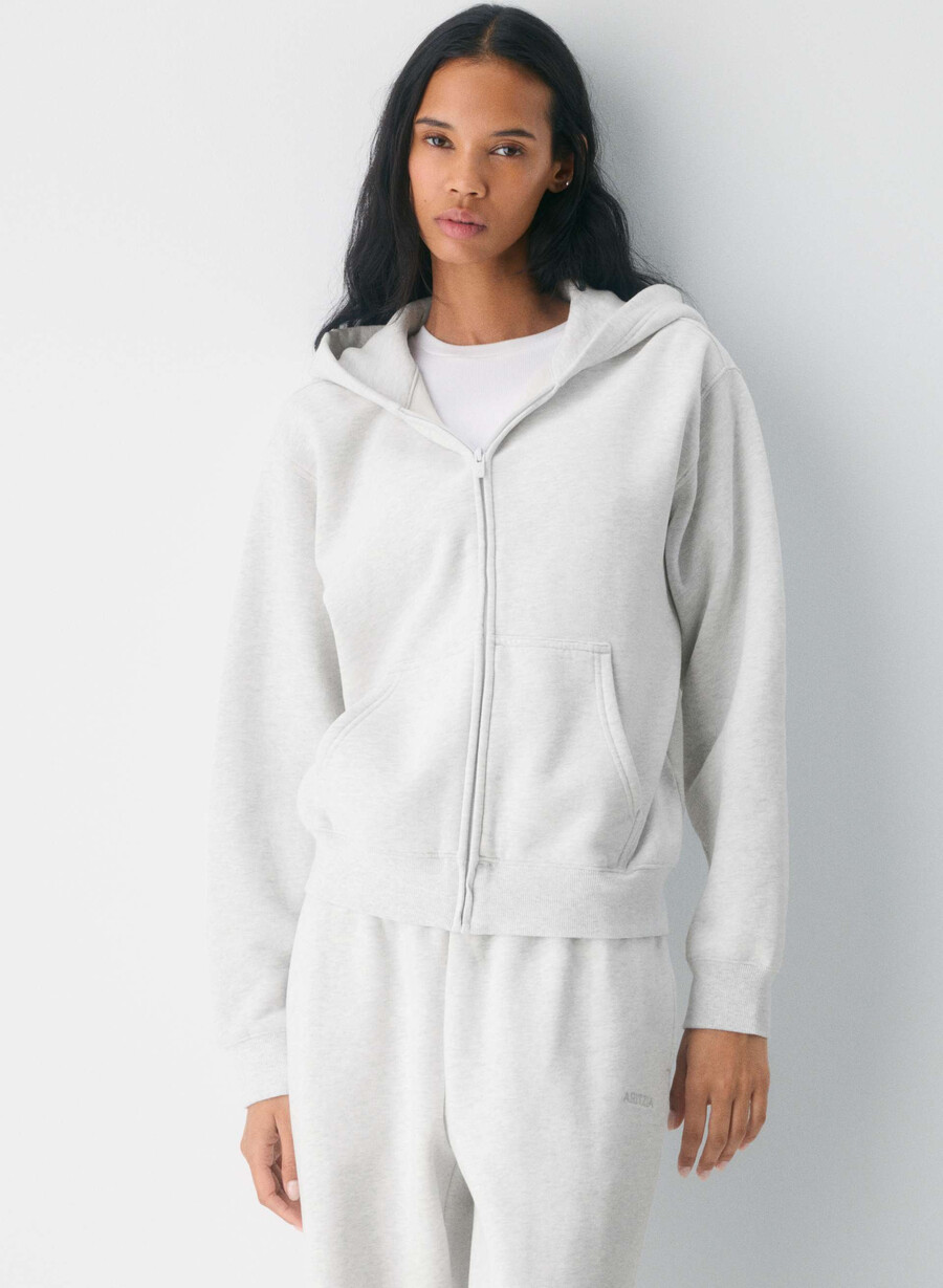 kuscheliger sweatfleece-kapuzenpullover mit perfektem reißverschluss heather cloud white