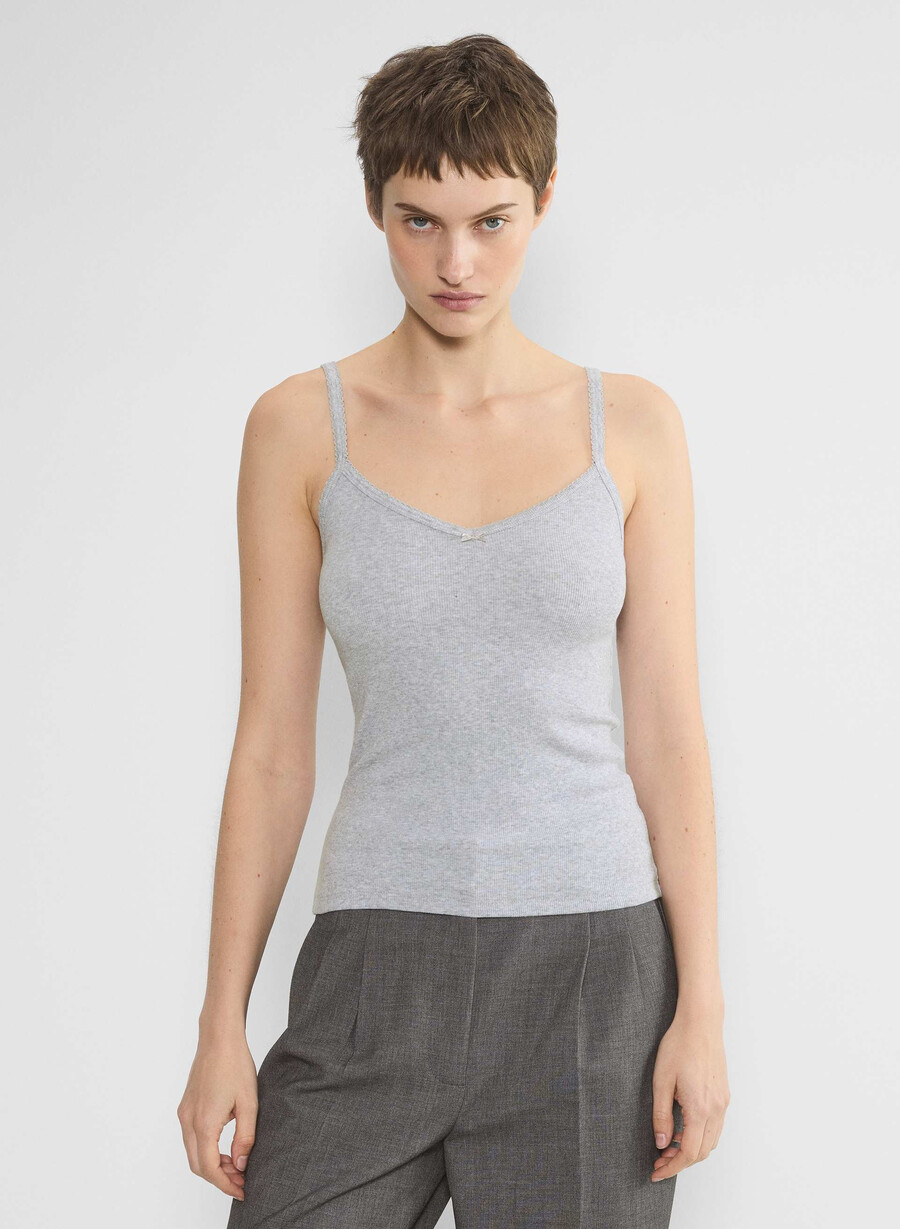 homestretch rippen-spitzen-tanktop mit v-ausschnitt meliertes chrom