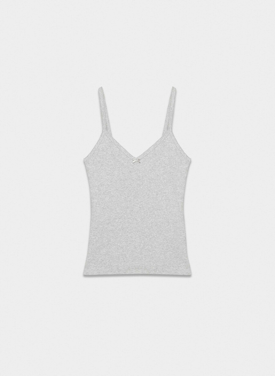 homestretch rippen-spitzen-tanktop mit v-ausschnitt meliertes chrom