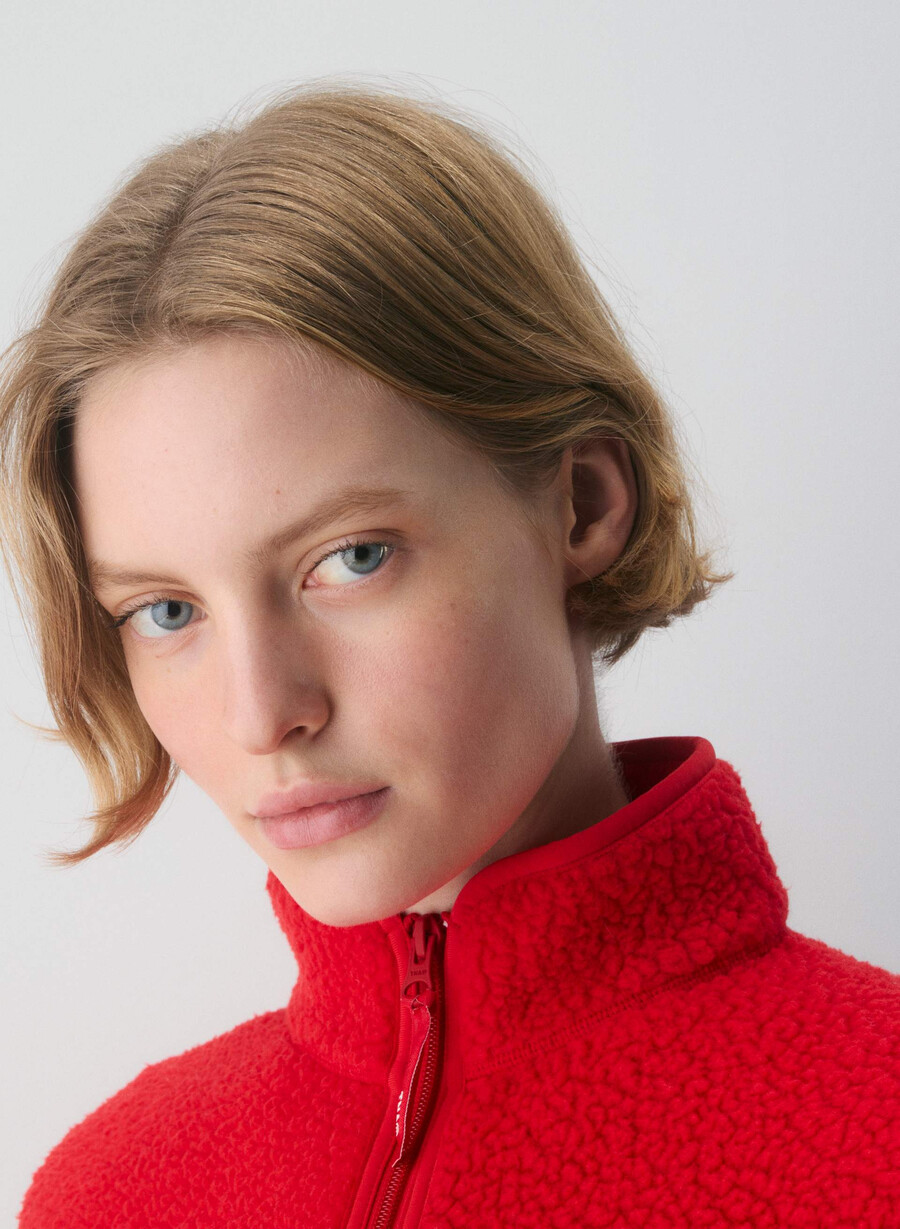polartec thermal pro stehkragenpullover mit hohem hüftumfang und reißverschluss blinkend rot