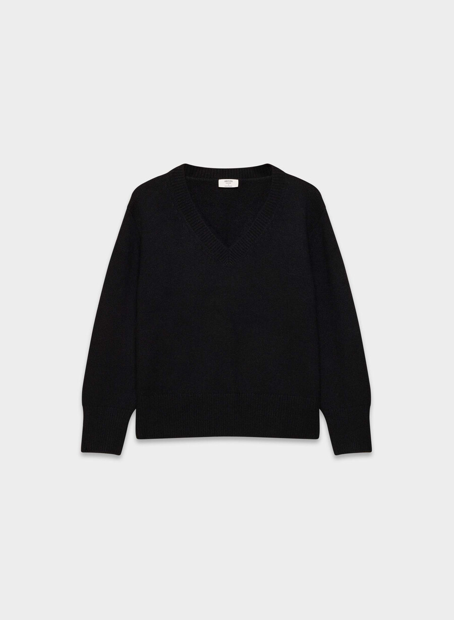 plüschiger kaschmirpullover mit v-ausschnitt oversize schwarz