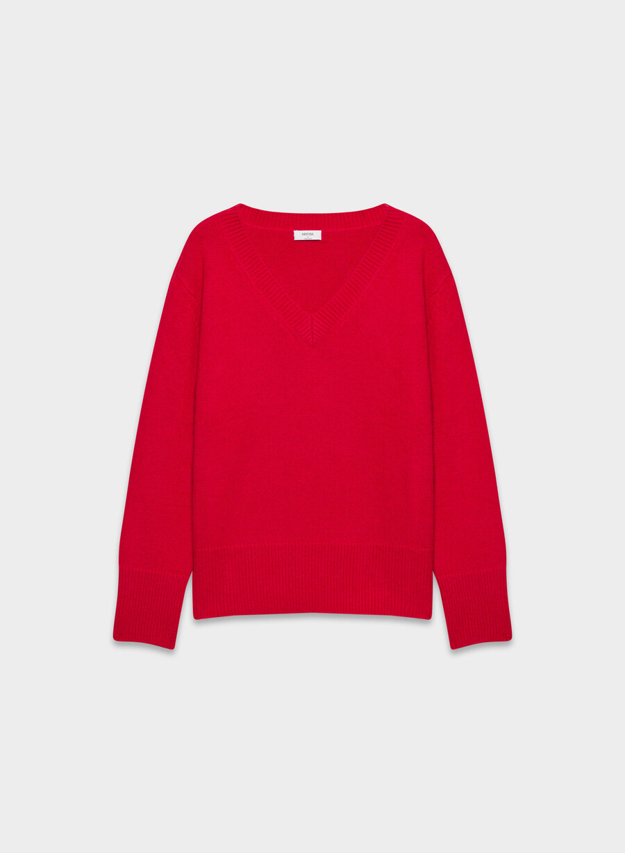 plüschiger kaschmirpullover mit v-ausschnitt oversize in leuchtendem rot