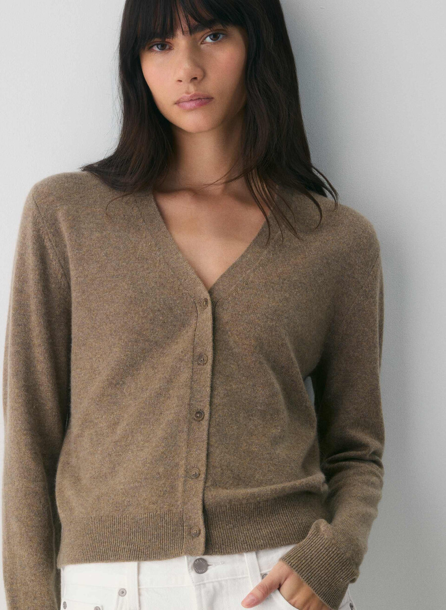 kaschmir-cardigan mit v-ausschnitt meliert braun