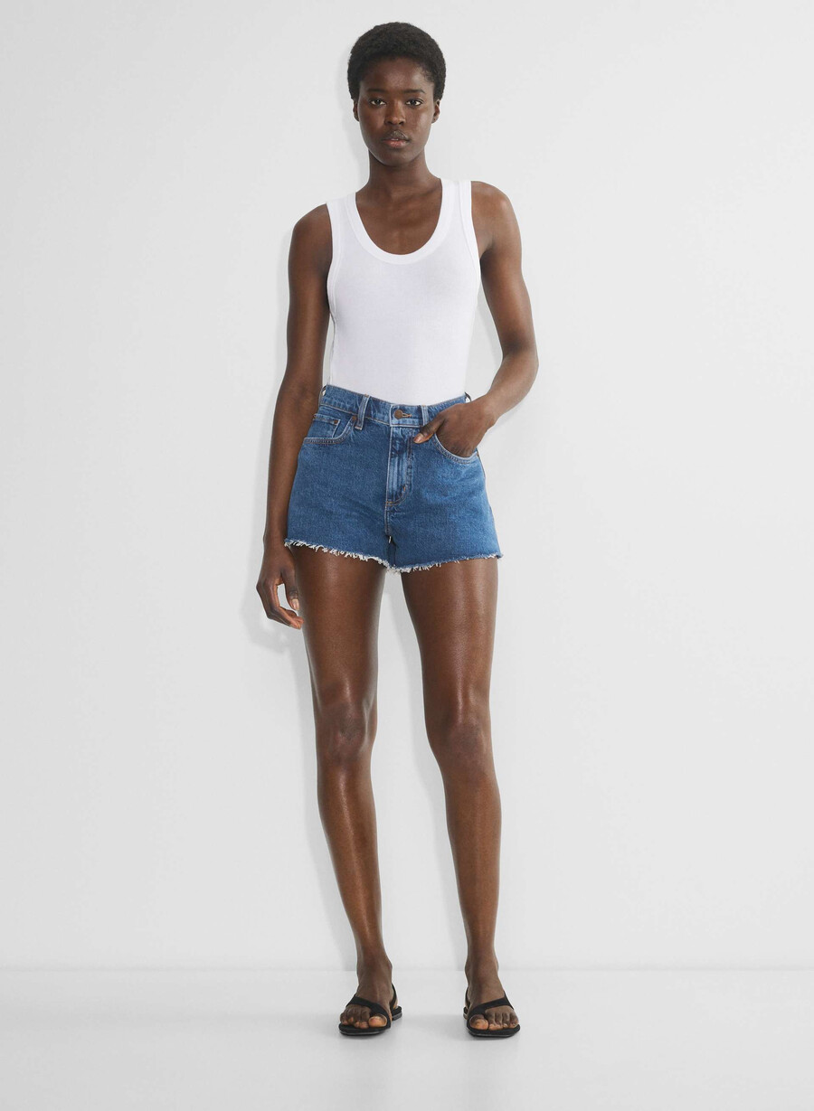 denim forum jodie curve-fit hi-rise mini-denim-shorts no-stress medium blu