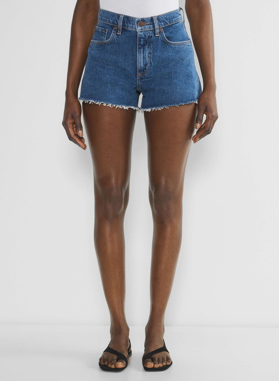 denim forum jodie curve-fit hi-rise mini-denim-shorts no-stress medium blu