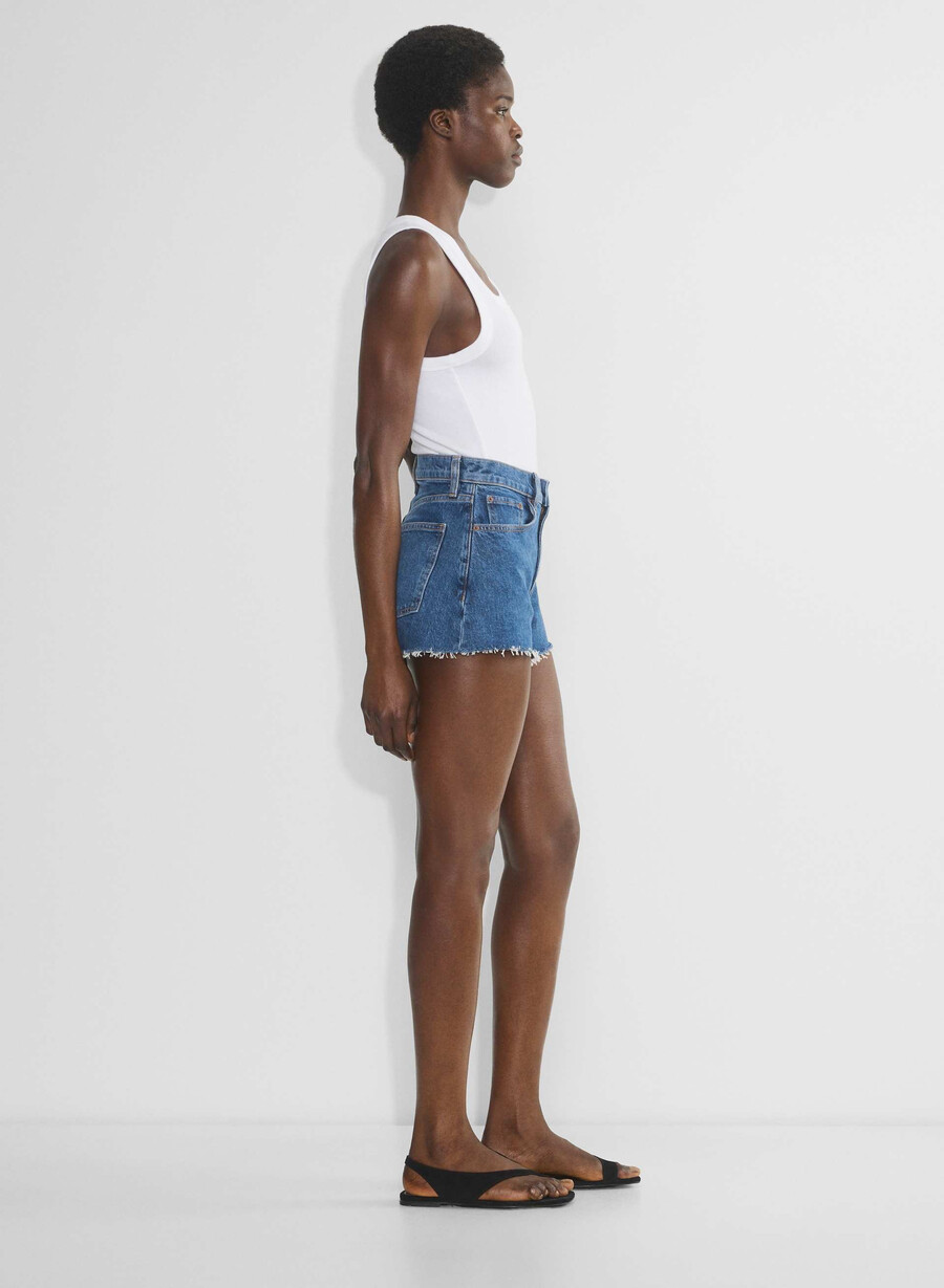 denim forum jodie curve-fit hi-rise mini-denim-shorts no-stress medium blu