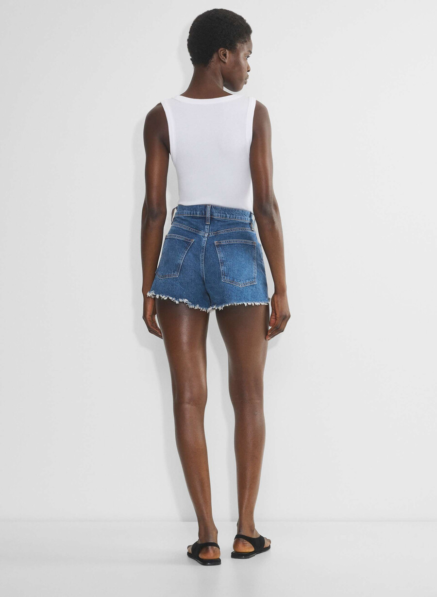 denim forum jodie curve-fit hi-rise mini-denim-shorts no-stress medium blu