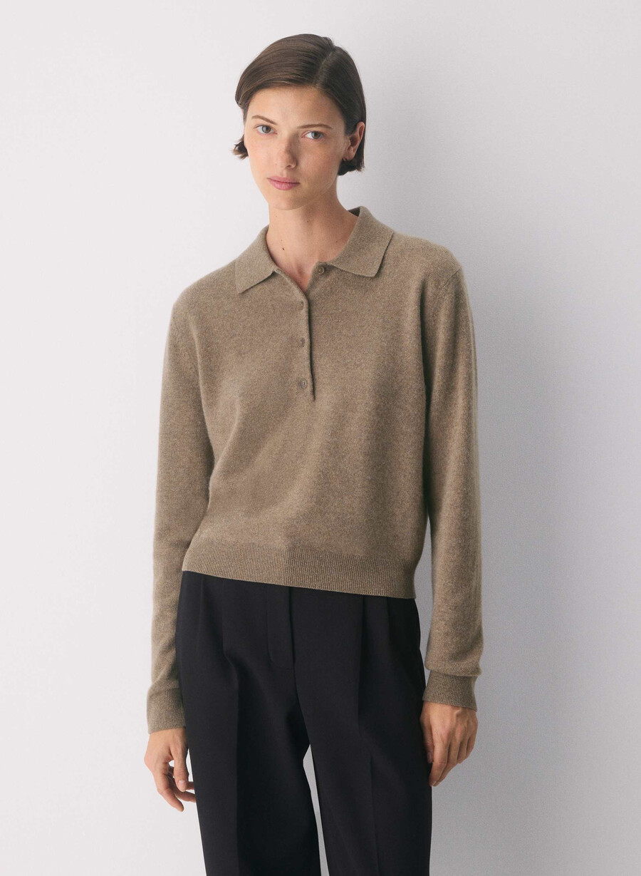 bare cashmere provenance polo langarmshirt heather folio braun