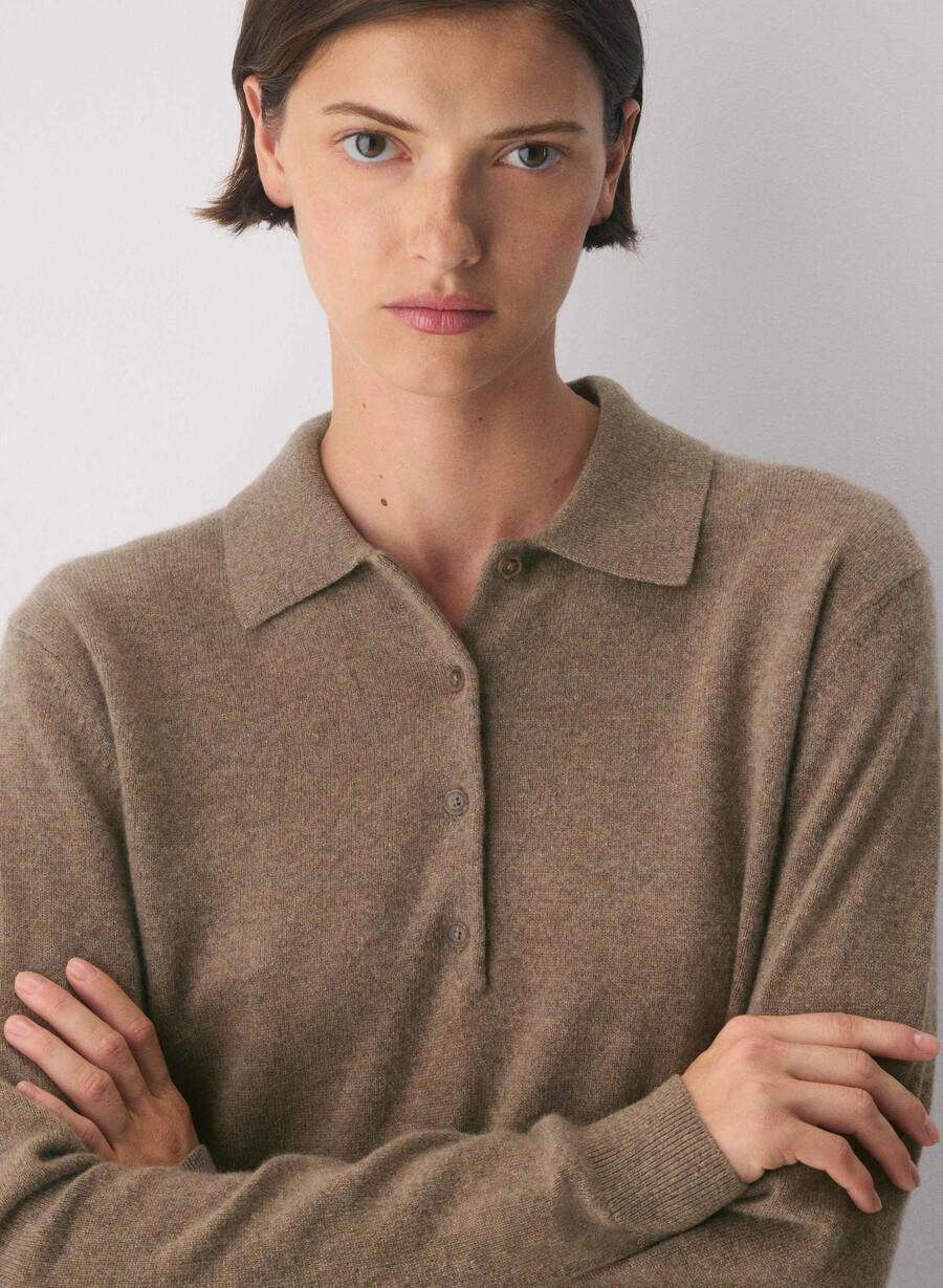 bare cashmere provenance polo langarmshirt heather folio braun