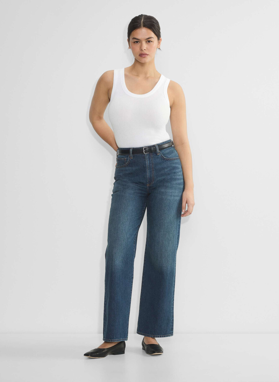 denim forum die farrah curve-fit hi-rise wide jeans be about dark bleu