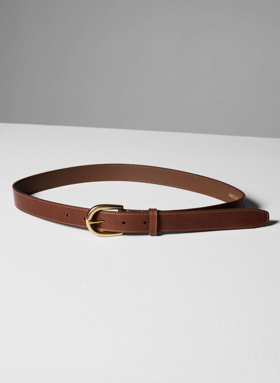 akzentgürtel aus massivem messing und leder rohbraungold