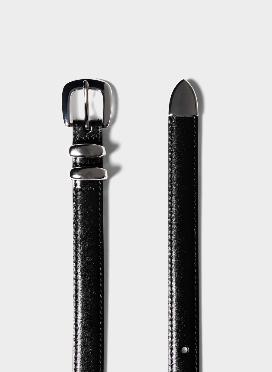 legendärer schmaler gürtel aus massivem messing und leder schwarzsilber