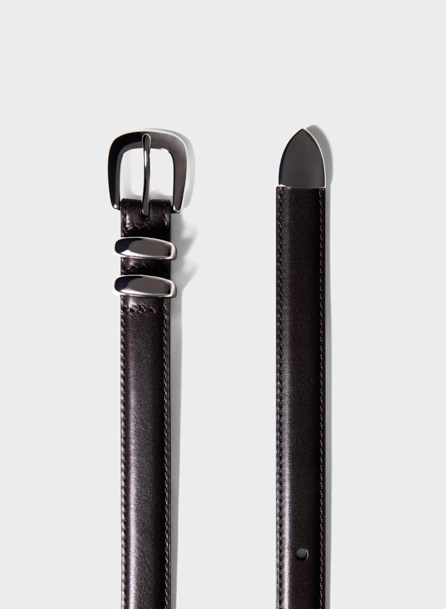 legendärer schmaler gürtel aus massivem messing und leder modern braunsilber