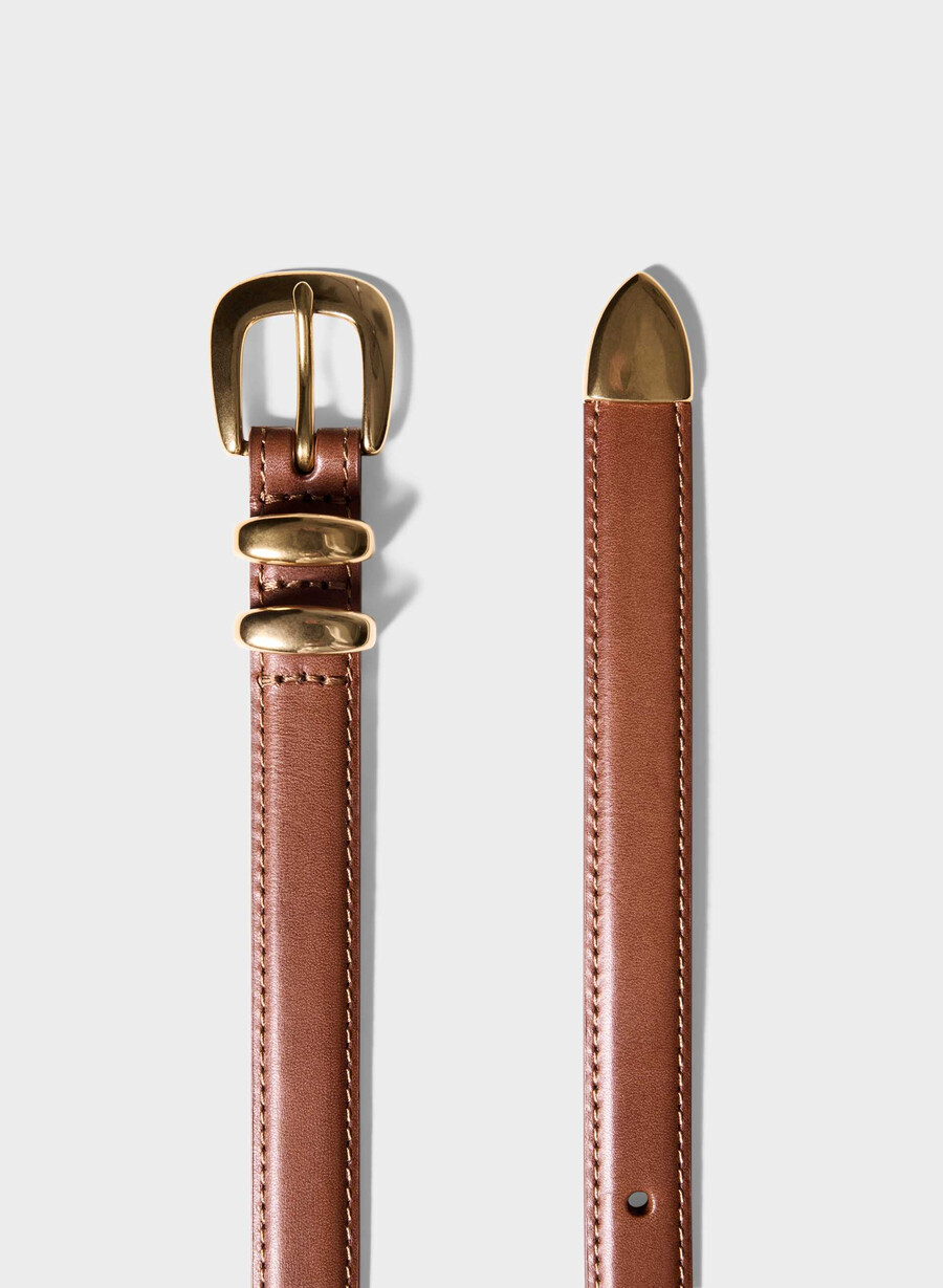 legendärer schmaler gürtel aus massivem messing und leder roh umberbraungold