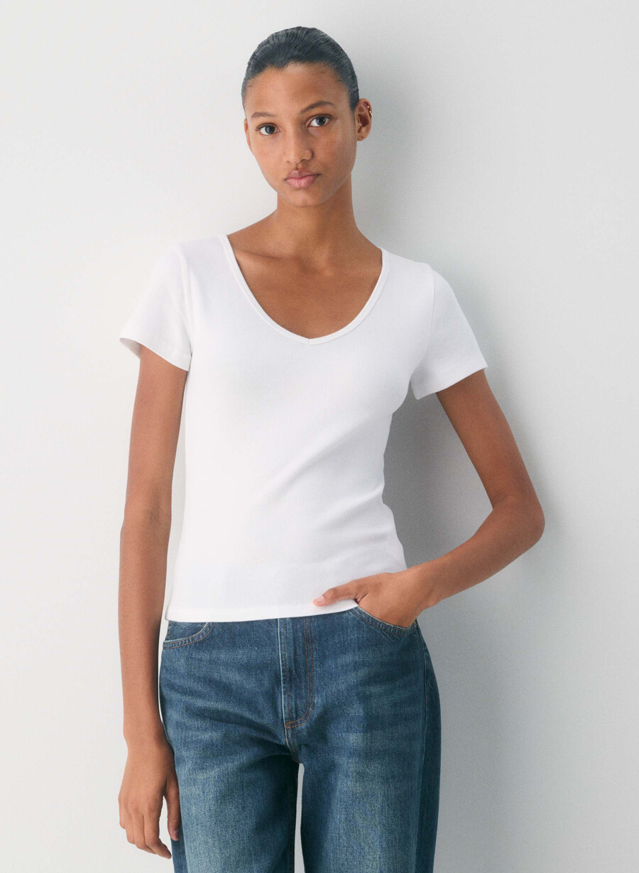 homestretch rippstrick-t-shirt mit v-ausschnitt weiss