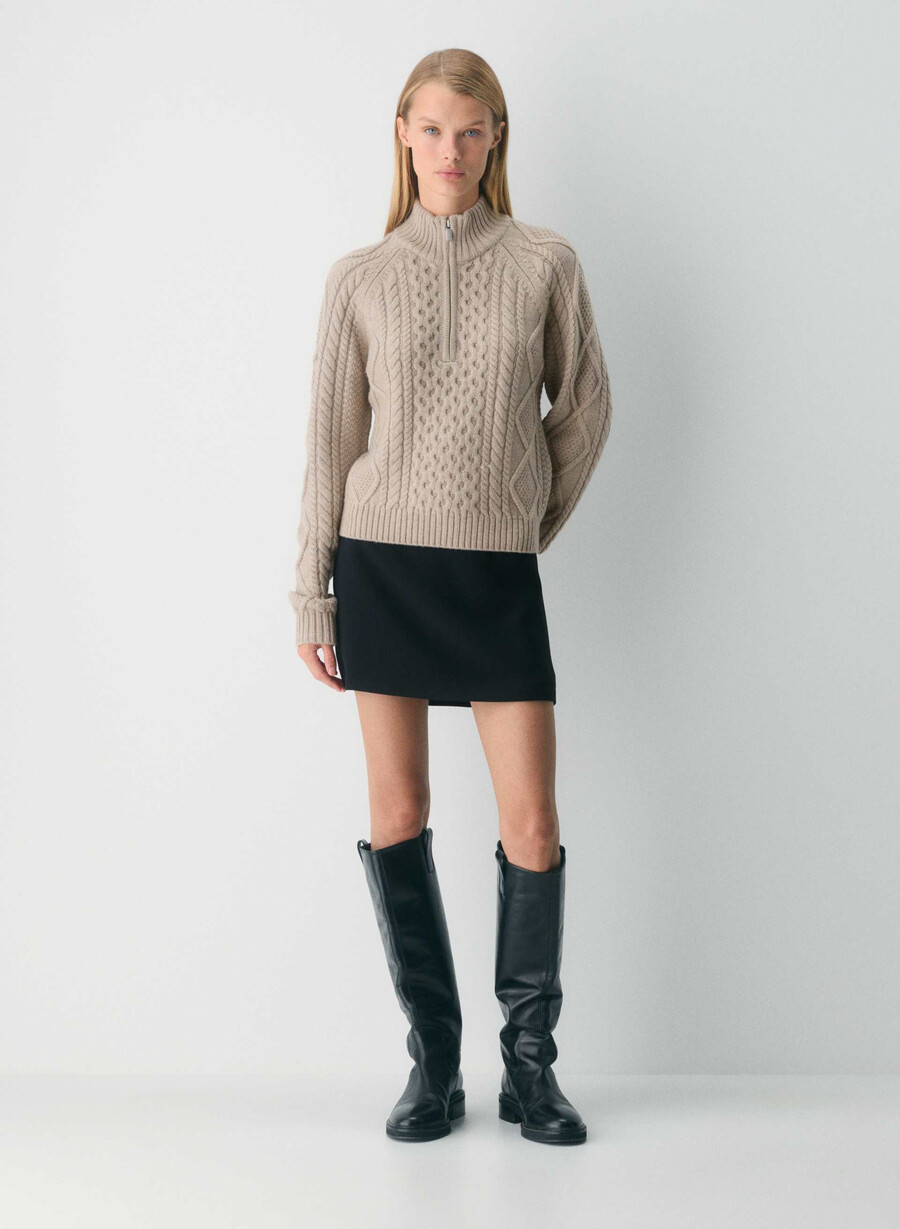 heritage strickpullover aus merinowolle mit 14-reißverschluss meliert in taupe