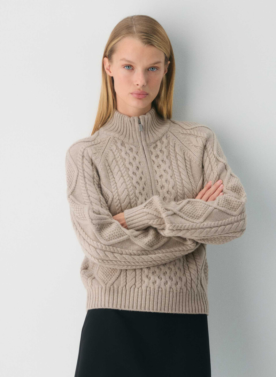 heritage strickpullover aus merinowolle mit 14-reißverschluss meliert in taupe