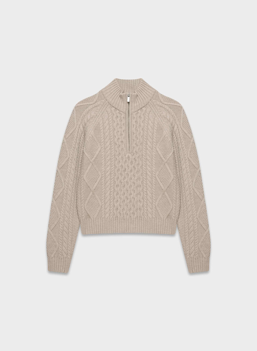 heritage strickpullover aus merinowolle mit 14-reißverschluss meliert in taupe