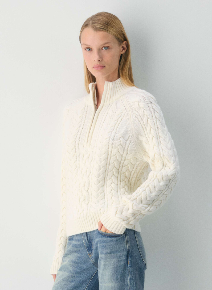 heritage strickpullover aus merinowolle mit 14-reißverschluss farbe flüsterweiß