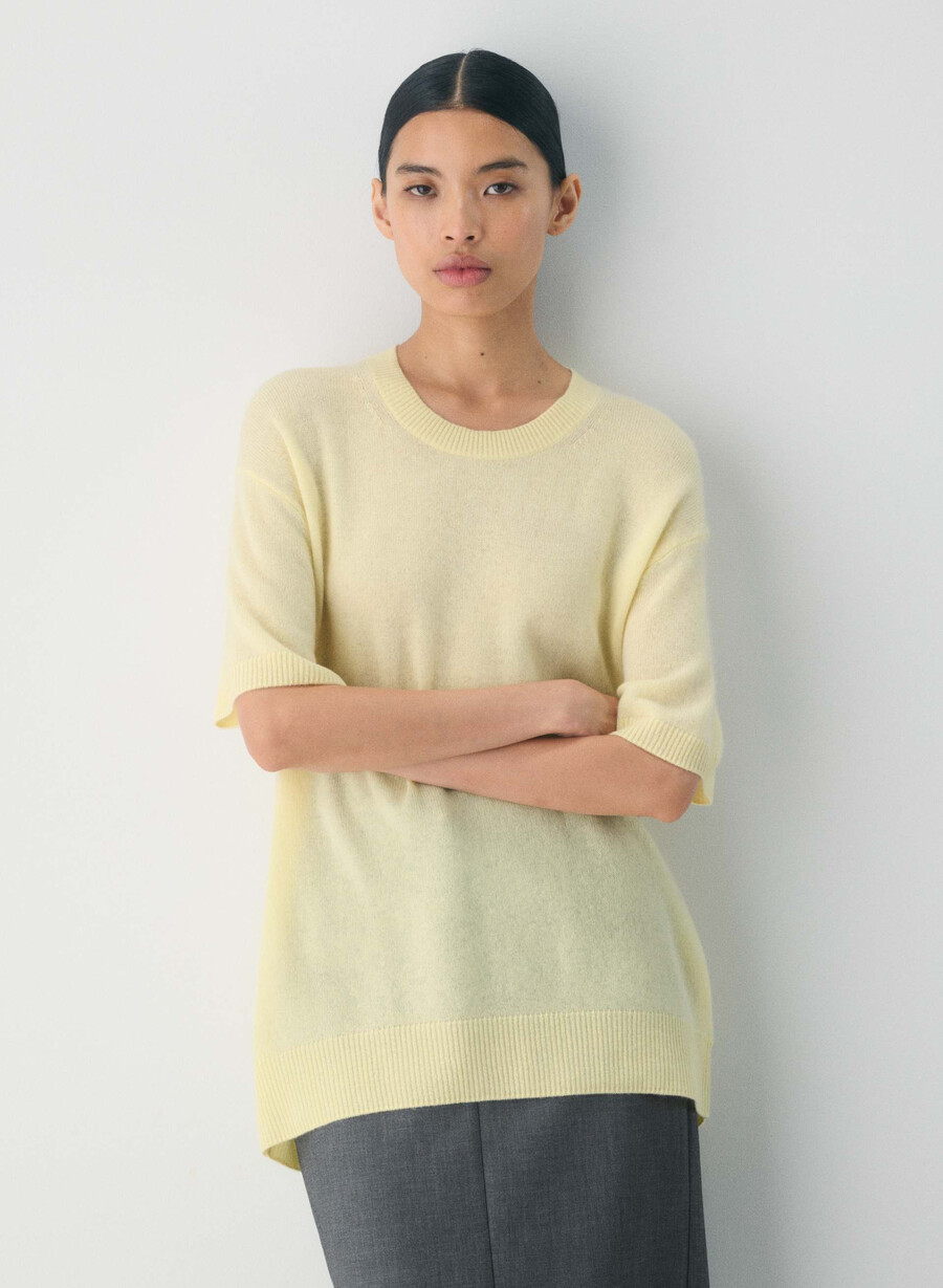 kaschmirpullover mit federn locker geschnitten kurzarm buttergelb