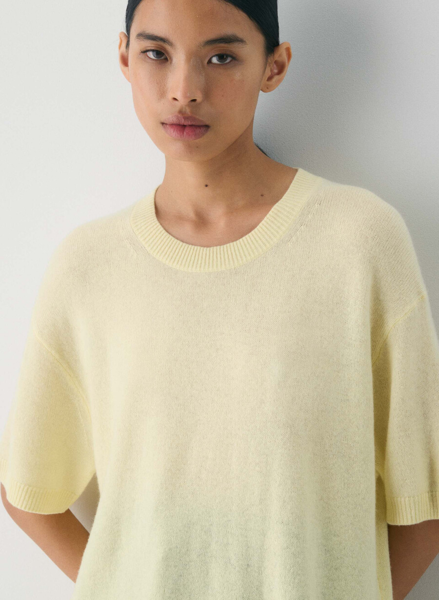 kaschmirpullover mit federn locker geschnitten kurzarm buttergelb