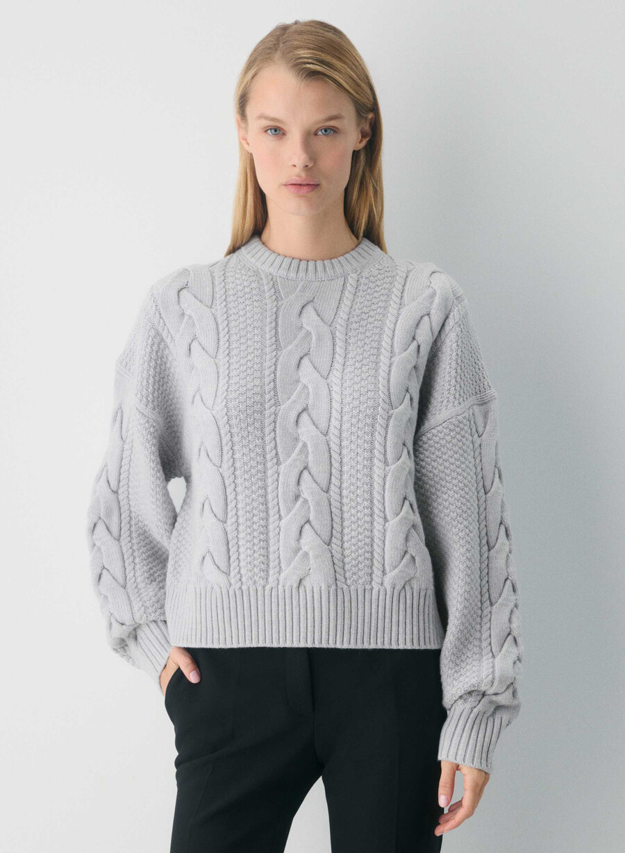heritage strickpullover aus merinowolle rundhalsausschnitt hochgeschnitten meliertes chrom