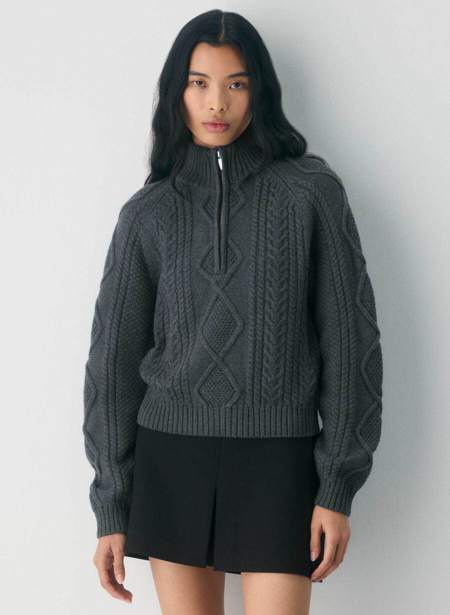 heritage merino-wollpullover mit 14-reißverschluss und hohem bund meliert in anthrazit