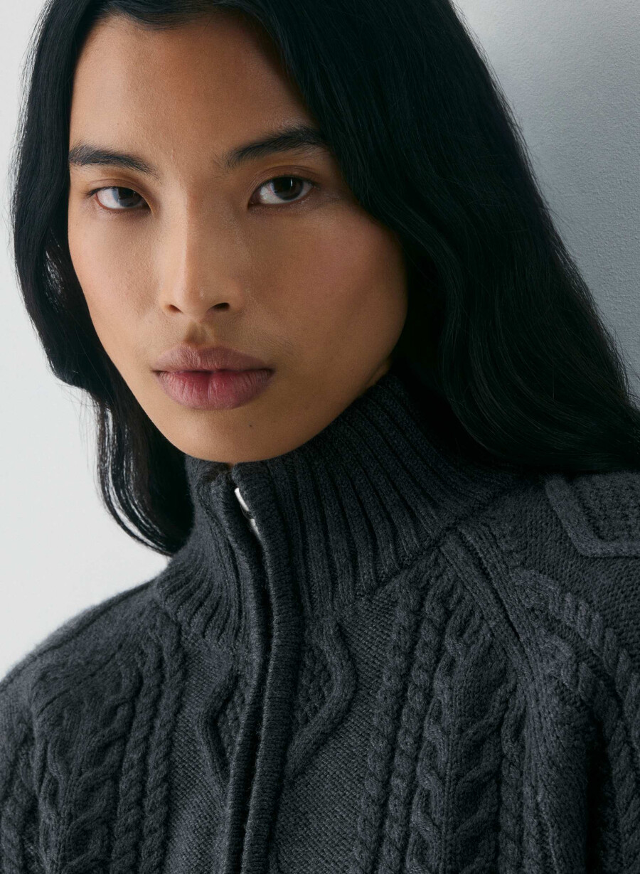 heritage merino-wollpullover mit 14-reißverschluss und hohem bund meliert in anthrazit