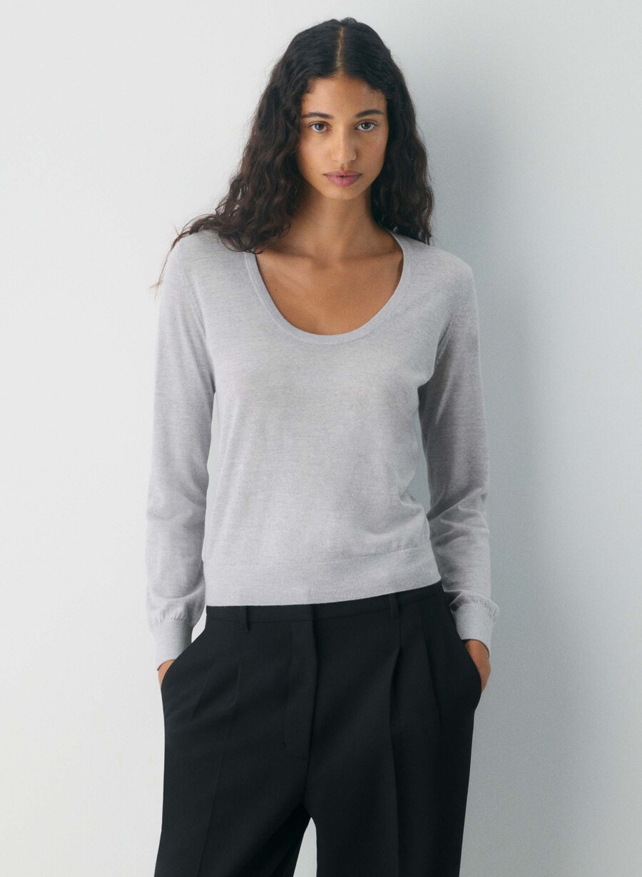 feiner merinowollpullover mit rundhalsausschnitt meliertes chrom