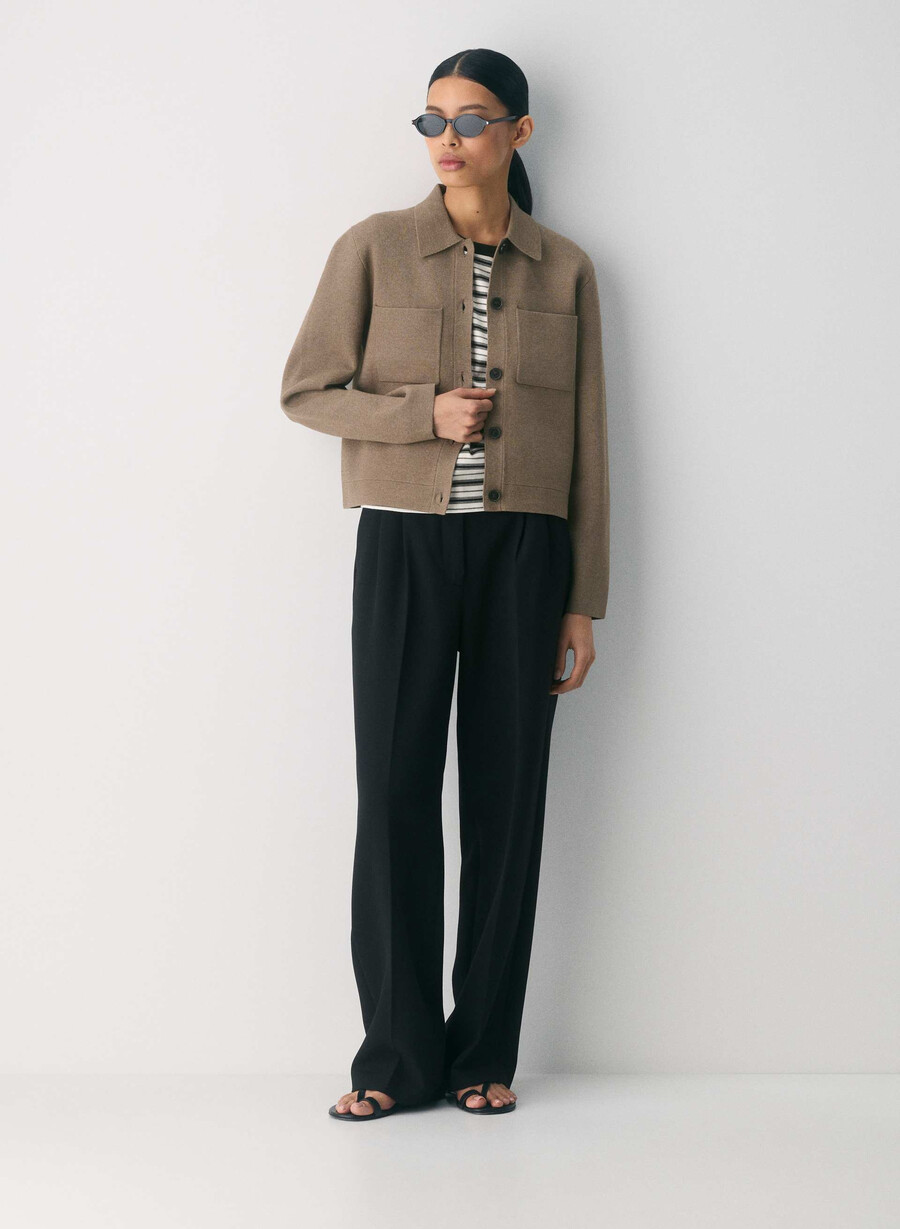 new society cardigan - wonder yarn heather folio brown