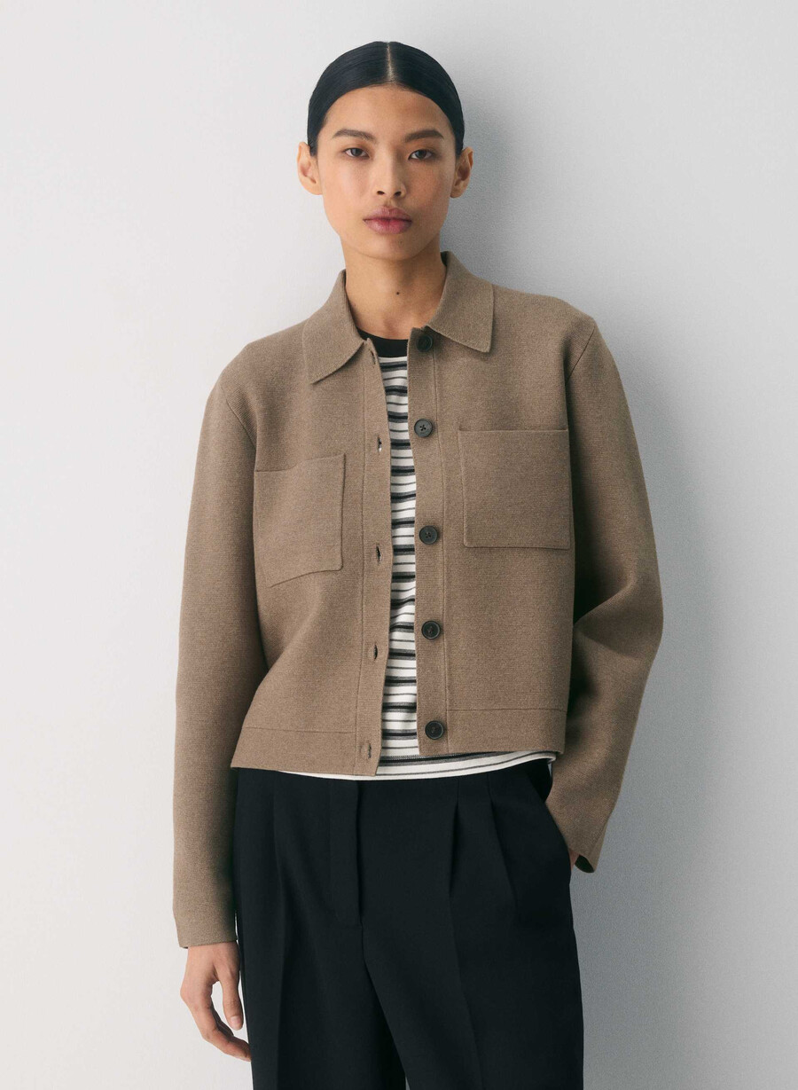 new society cardigan - wonder yarn heather folio brown