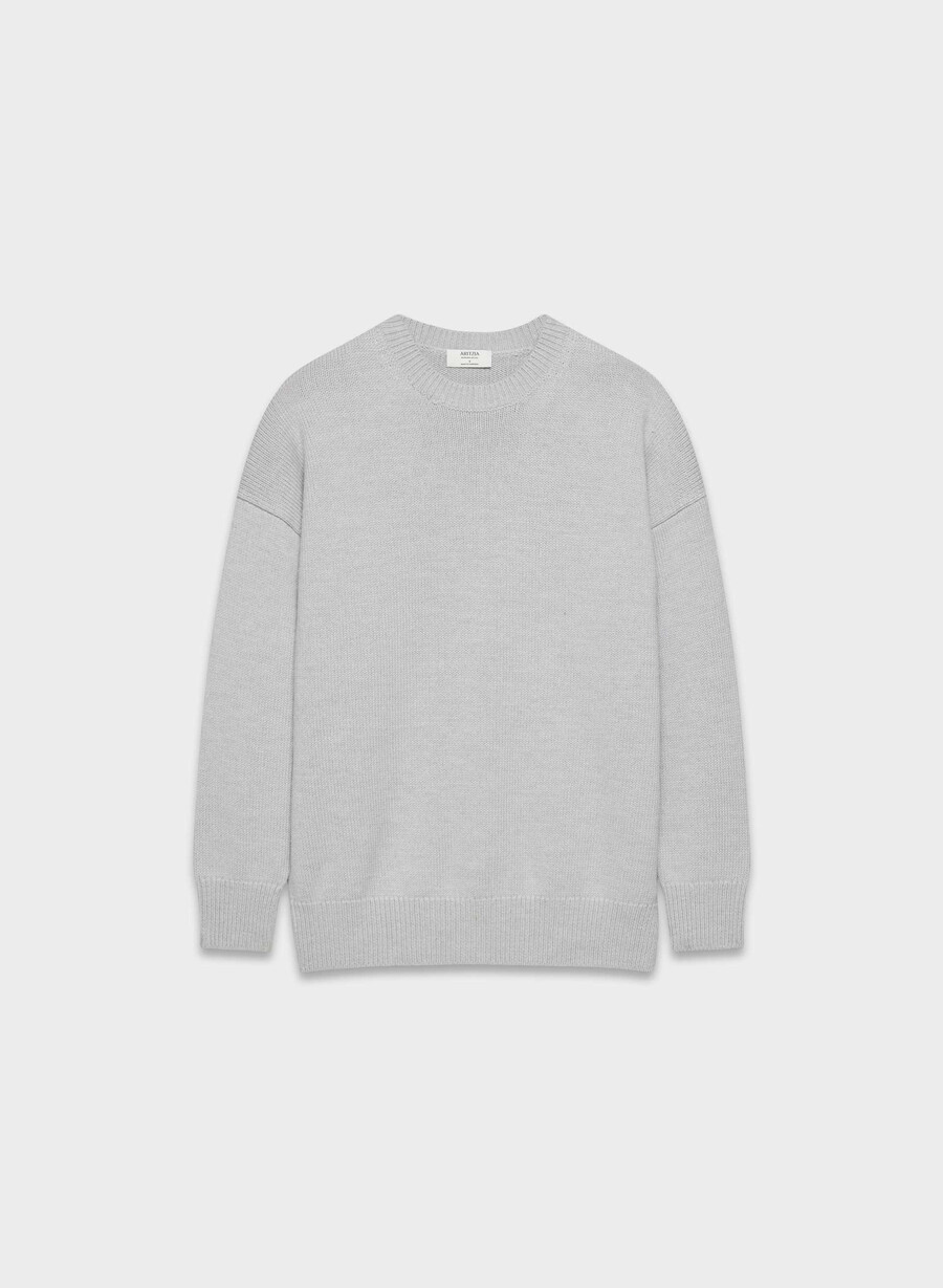 grober merinowollpullover mit rundhalsausschnitt meliertes chrom