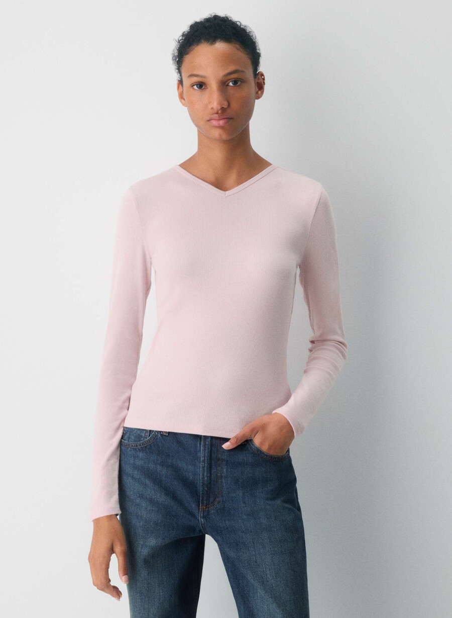 homestretch rippstrick-langarmshirt mit hohem v-ausschnitt weiss