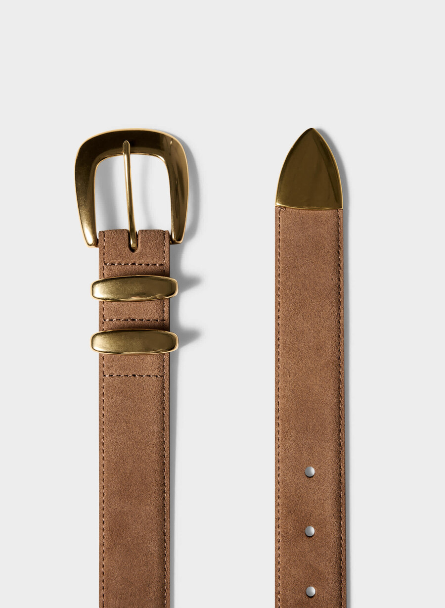legendärer breiter gürtel aus massivem messing und wildleder in den farben rohumberbraungold