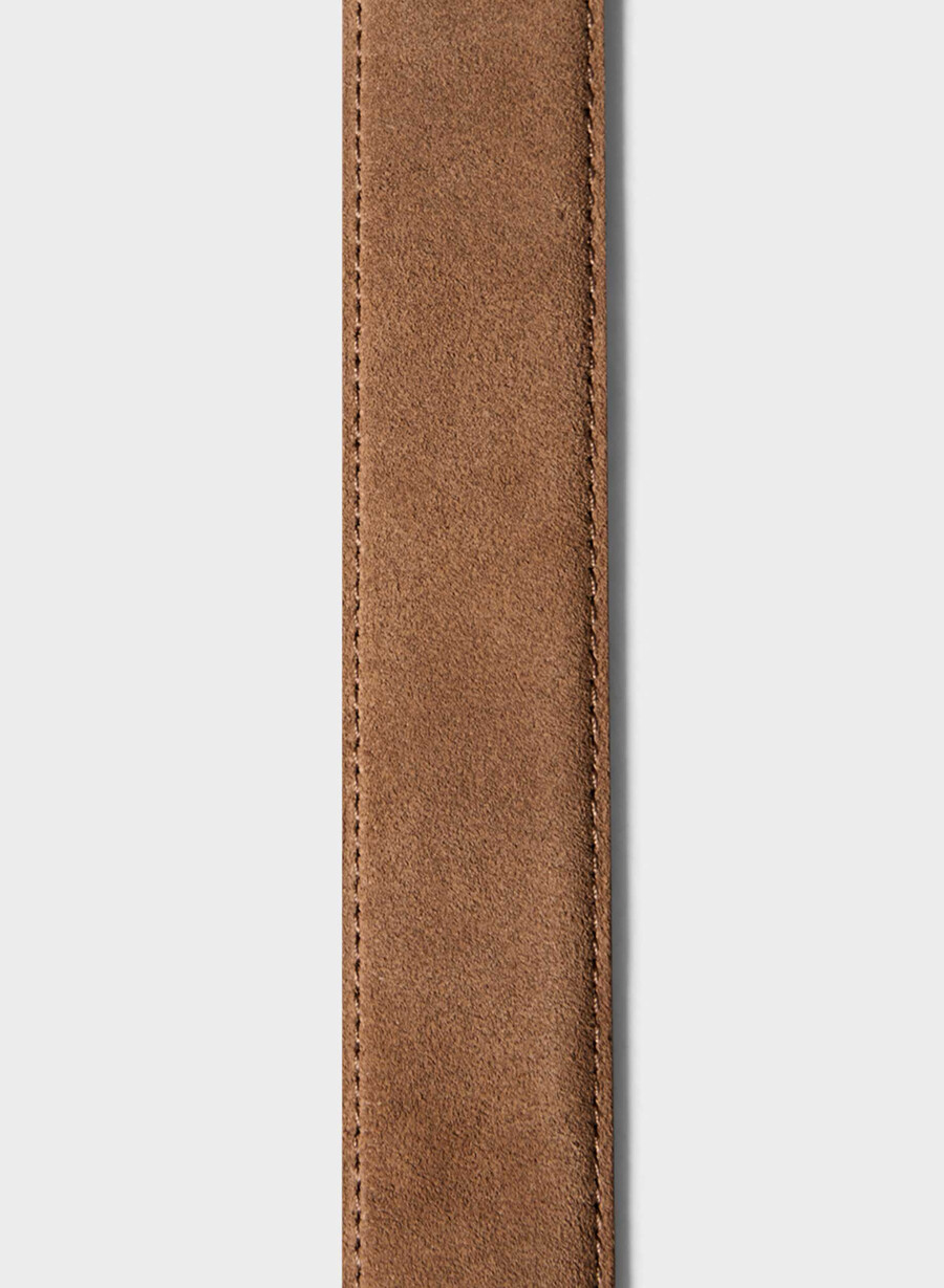 legendärer breiter gürtel aus massivem messing und wildleder in den farben rohumberbraungold