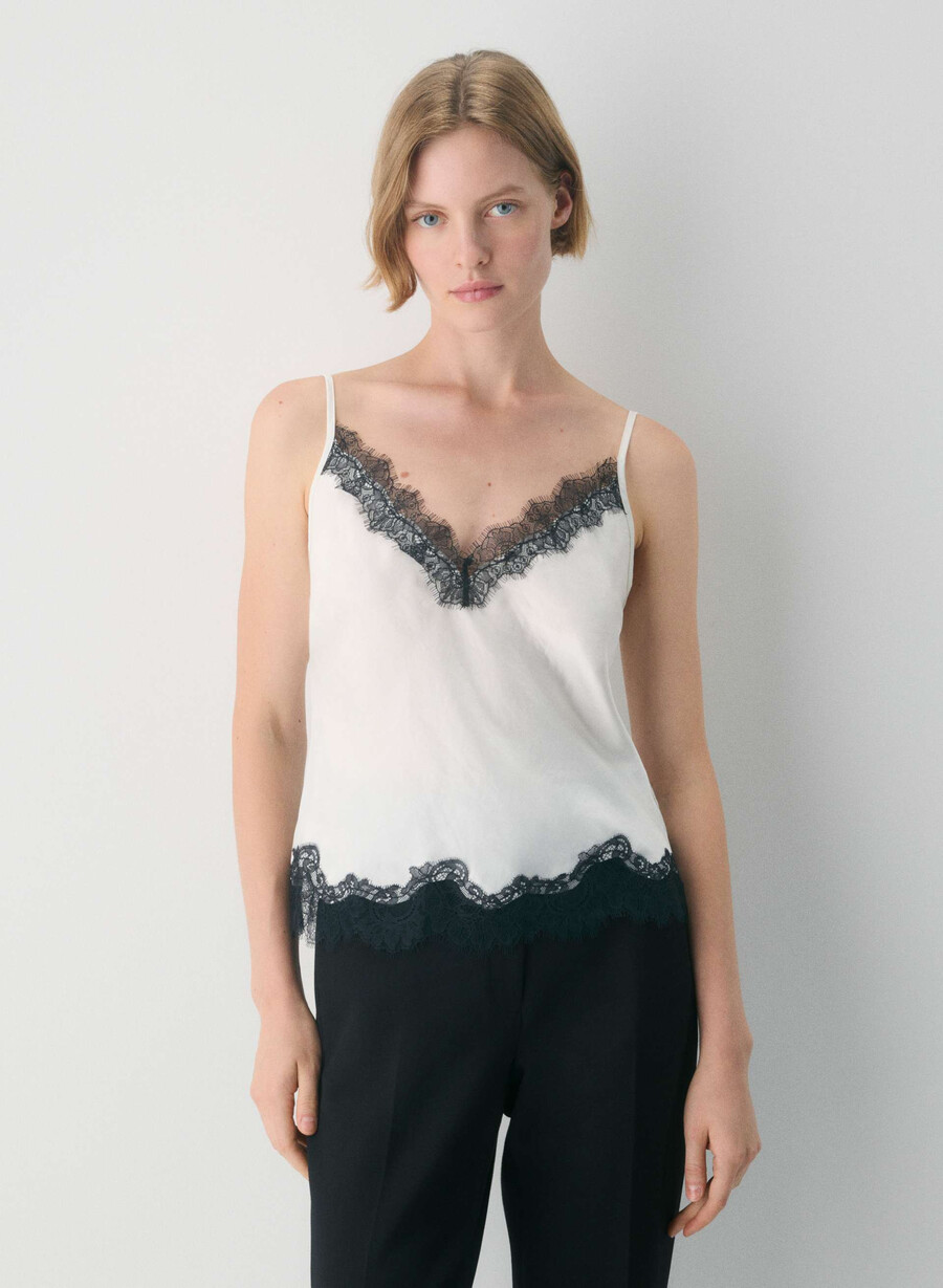 satin-camisole mit motiv schwarz