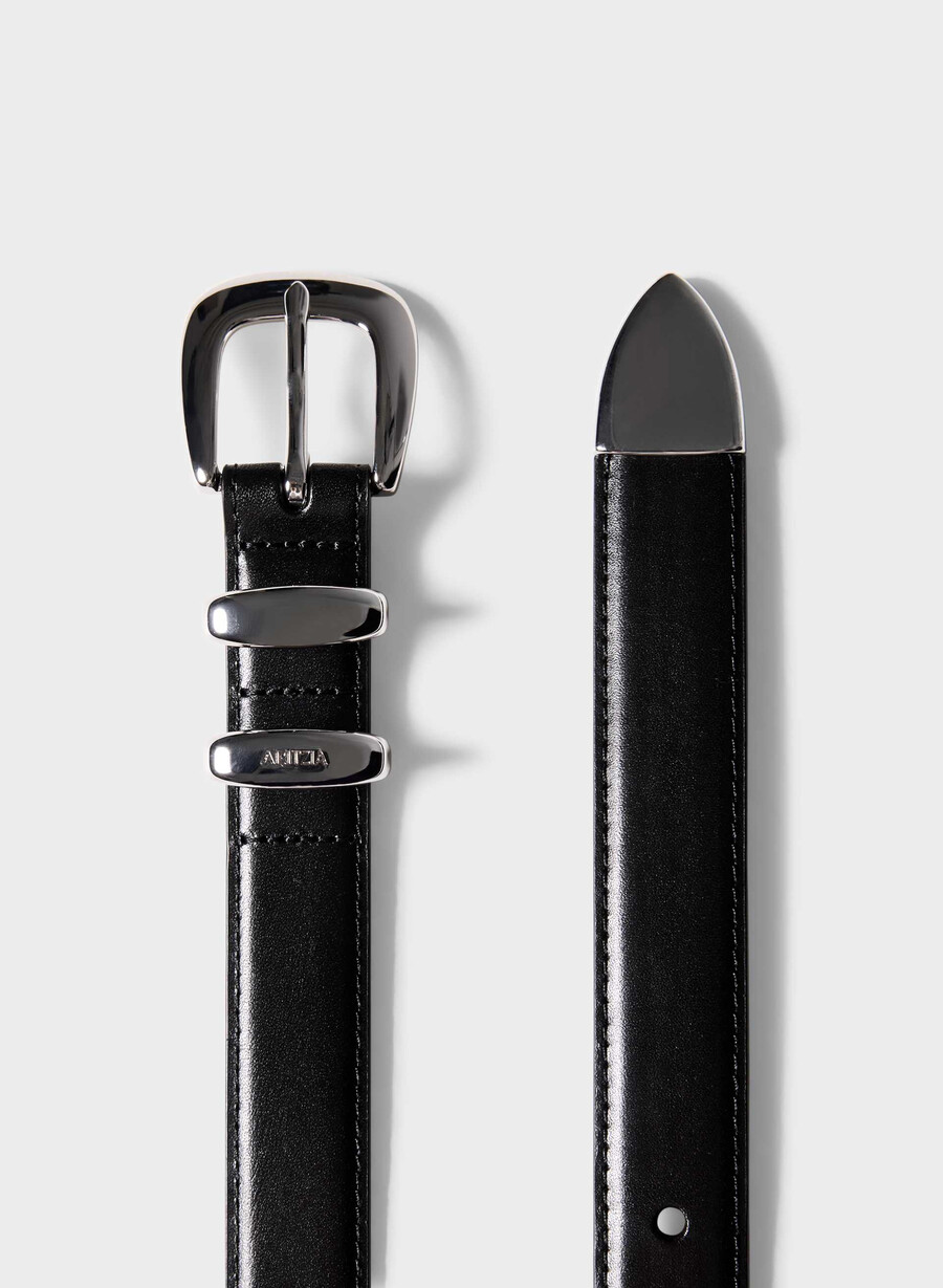legendärer gürtel aus massivem messing und leder schwarzsilber