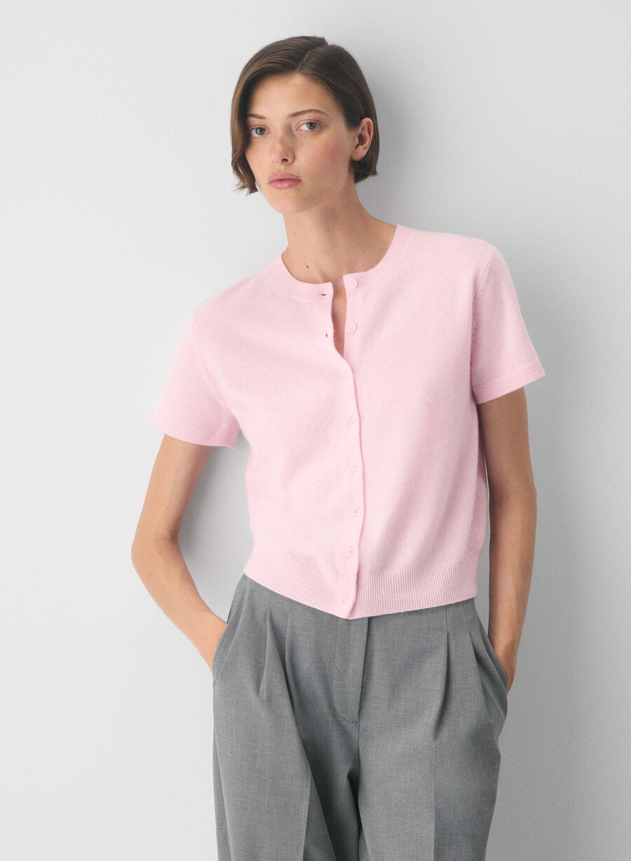 bare cashmere kurzarm-cardigan mit rundhalsausschnitt villa pink