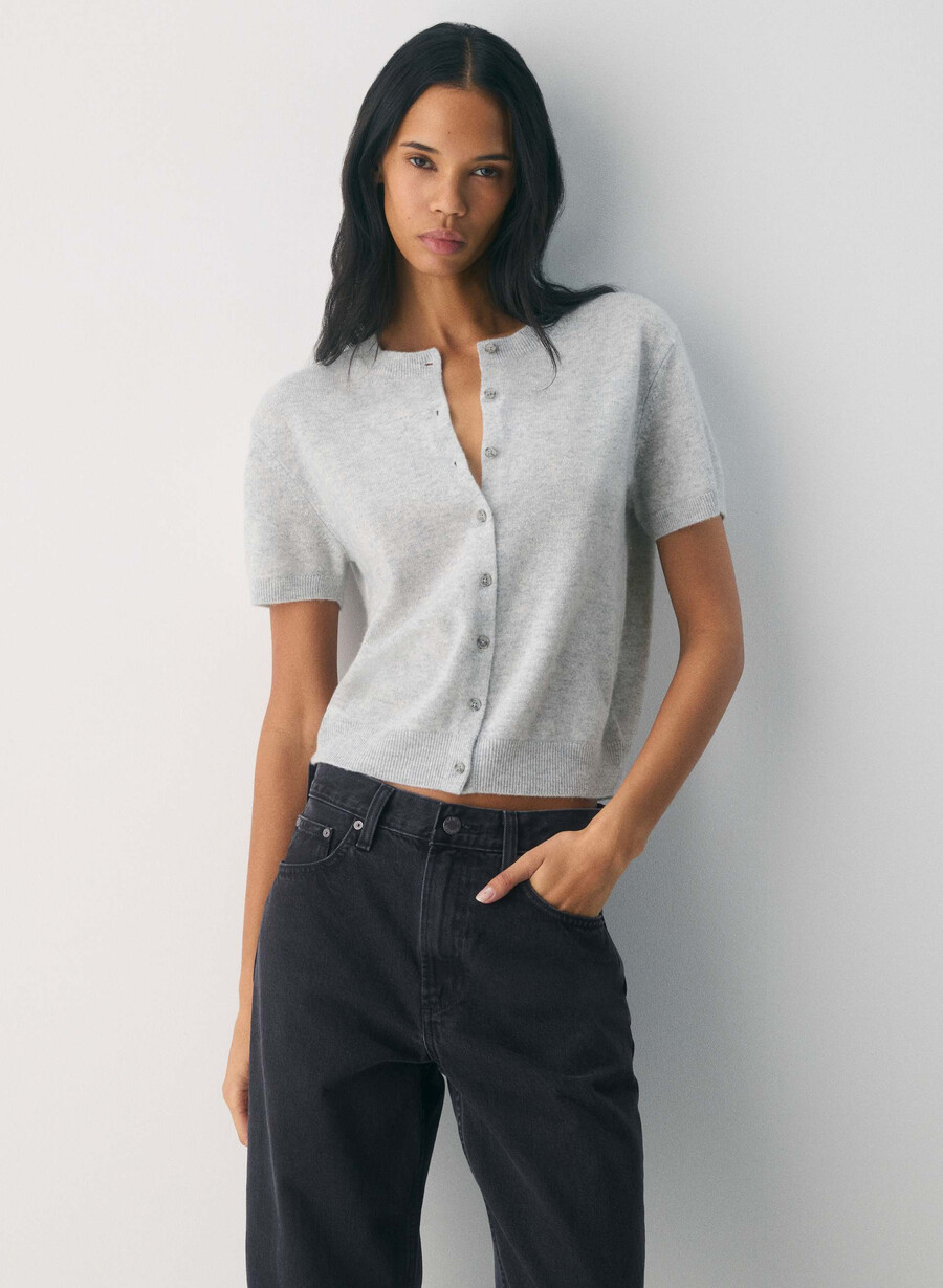 bare cashmere kurzarm-cardigan mit rundhalsausschnitt heather chrome