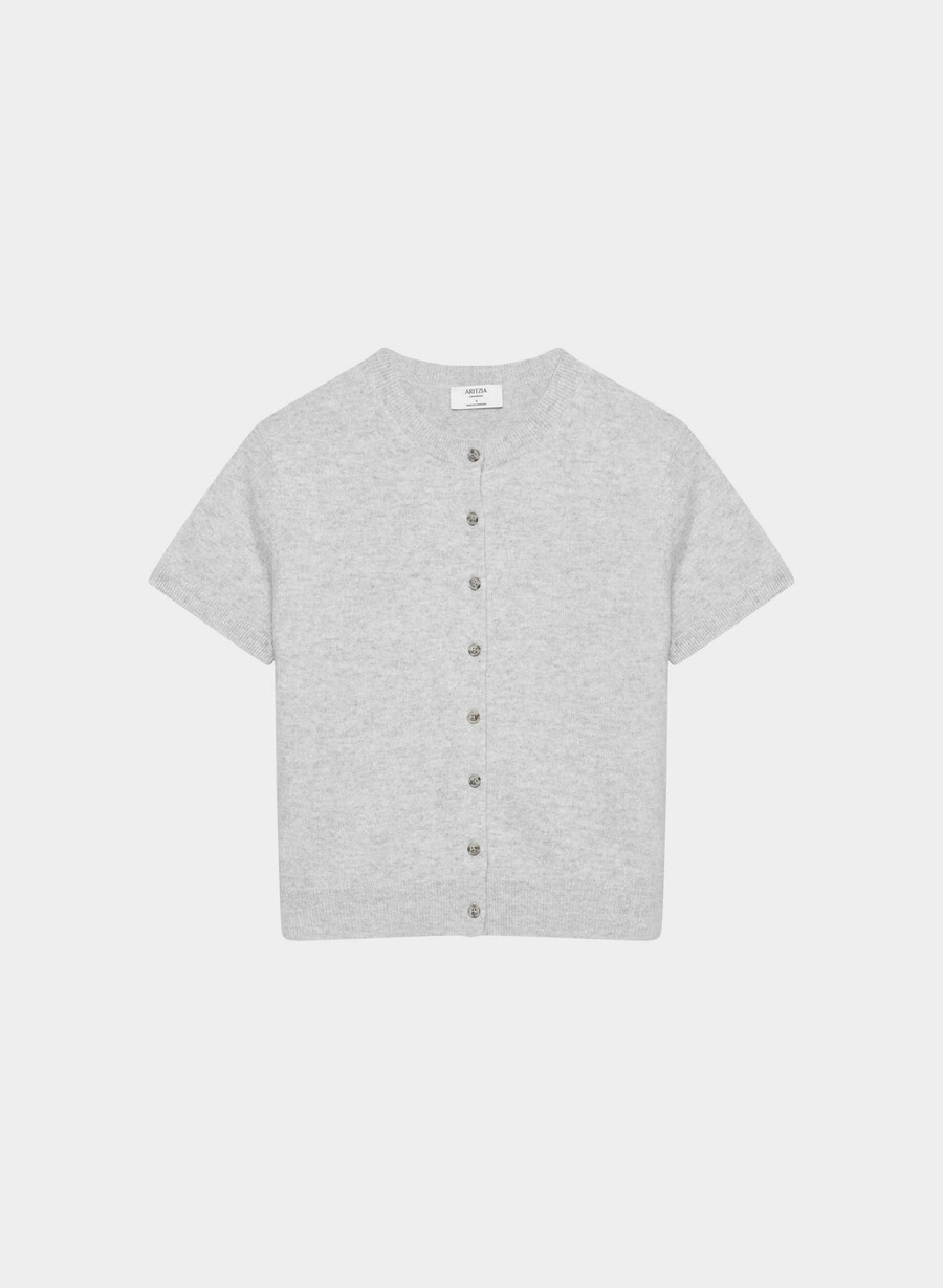 bare cashmere kurzarm-cardigan mit rundhalsausschnitt heather chrome