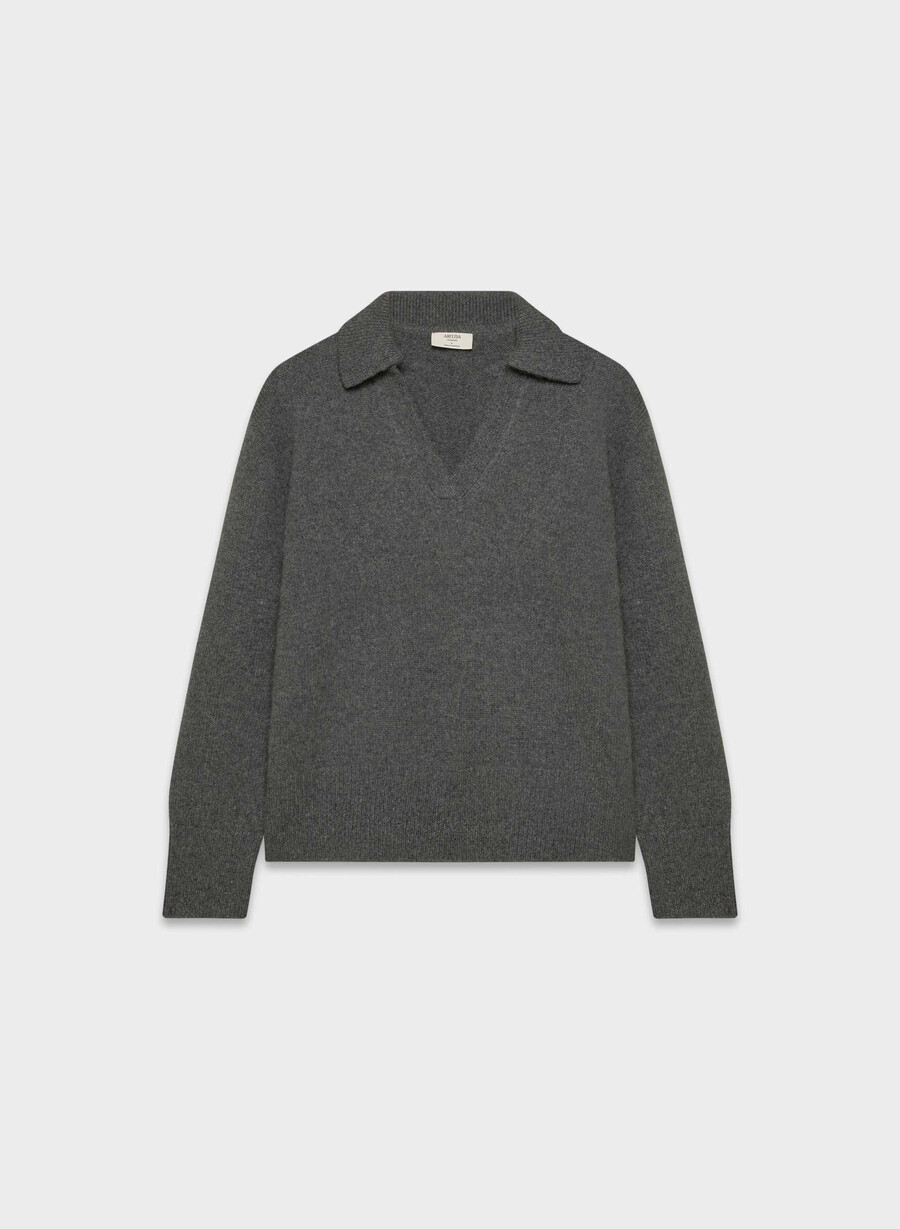 plüschiger kaschmir-polopullover in Übergröße meliert in anthrazit
