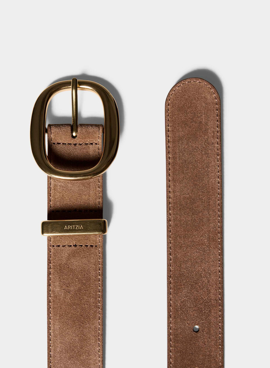 breiter gürtel aus massivem messing und wildleder farbe rohbraungold