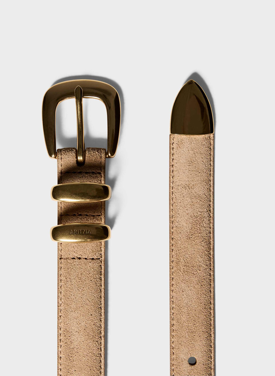 legendärer gürtel aus massivem messing und wildleder cortado camelgold