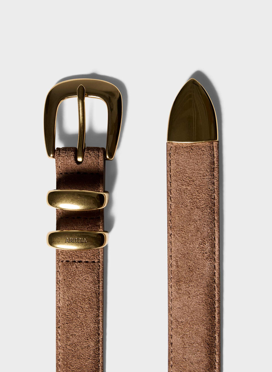 legendärer gürtel aus massivem messing und wildleder in rohbraungold