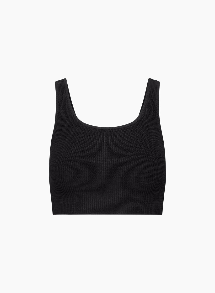schwarzes kurzes tanktop mit eckigem ausschnitt und strickmuster